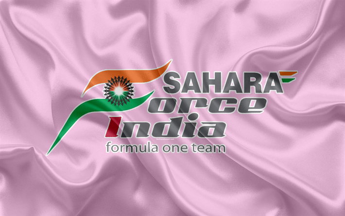 Sahara Force India F1 Team, 4K, l&#39;&#233;quipe de course, Formule 1, logo, F1, rose drapeau de soie, motorsport, France