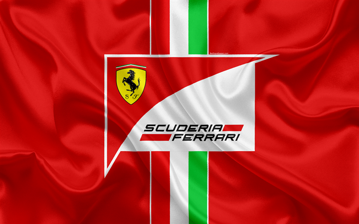 La Scuderia Ferrari en Formule 1, 4K, l&#39;&#233;quipe de course, Formule 1, Ferrari logo, F1, rouge drapeau de soie, motorsport, Italie