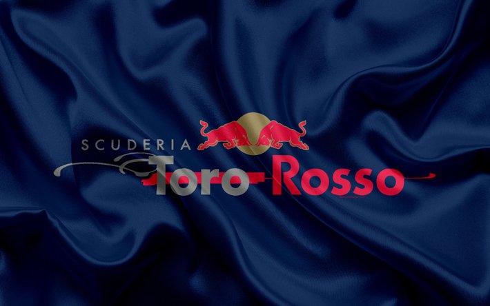 La Scuderia Toro Rosso, 4k, equipo de competici&#243;n, F&#243;rmula 1, logotipo, F1, bandera de seda, deportes de motor, italiano racing team