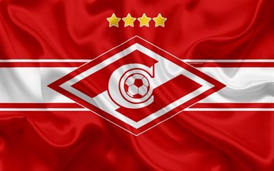 FC Spartak Moscow, 4k, Russian football club, Spartak logo, emblem, Russian football championship, Premier League, football, Moscow, Russia, silk flag