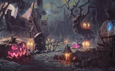 Halloween, art, witches, forest, pumpkins, darkness, night, Happy Halloween