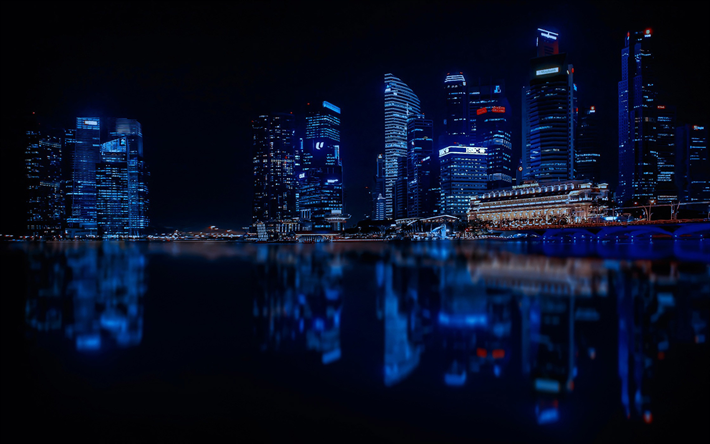 Singapore, moderna byggnader, natt, The Fullerton Hotel, Asien
