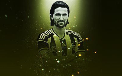 Hasan Ali Kaldirim, 4k, creative art, Fenerbahce, Turkish footballer, lighting effects, yellow background, portrait, Turkey, football players