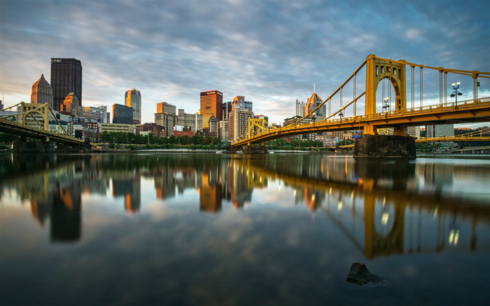 Roberto Clemente Bridge, Pittsburgh, North Shore, District, American city, evening, sunset, Pennsylvania, USA