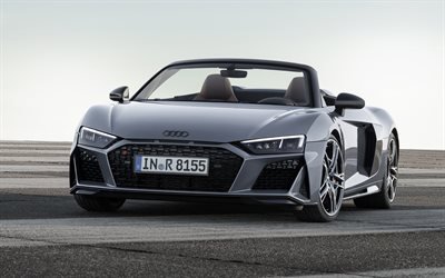 Audi R8 Spyder, 2019, 4k, front view, sports convertible, new gray R8, convertible, German sports car, Audi