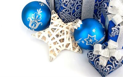 Blue Christmas balls, New Year, Christmas, blue decoration, wooden star, blue gift boxes