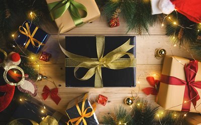 Joulua lahjoja, laatikot, illalla, Uusi Vuosi, puu, valot, seppeleit&#228;, silkki kumartaa, Joulu