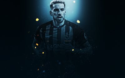 Jose Sosa, 4k, creative art, Trabzonspor, Argentinian footballer, lighting effects, blue background, portrait, Turkey, football players