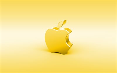 Apple gul 3D-logotyp, minimal, gul bakgrund, Apples logotyp, kreativa, Apple metall logo, Apple 3D-logotyp, konstverk, Apple