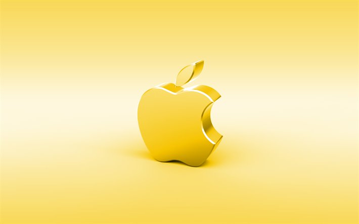 Apple yellow 3D logo, minimal, yellow background, Apple logo, creative, Apple metal logo, Apple 3D logo, artwork, Apple