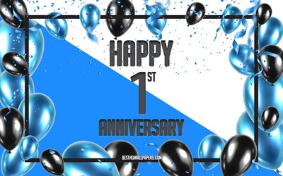 1 Year Anniversary, Anniversary Balloons Background, 1st Anniversary sign, Blue Anniversary Background, Blue black balloons