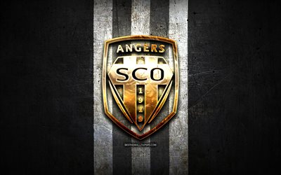 Angers FC, golden logo, Ligue 1, black metal background, football, Angers SCO, french football club, Angers logo, soccer, France