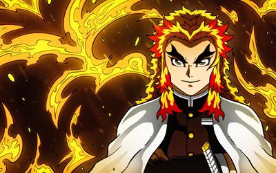 kyojuro rengoku, fire flames, demon slayer, kimetsu nicht yaiba, manga, rengoku kyojuro, artwork