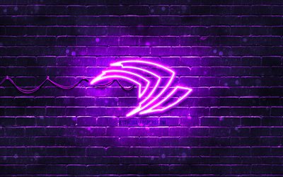 Nvidia violeta logotipo, 4k, violeta brickwall, Nvidia, o logotipo, marcas, Nvidia neon logotipo