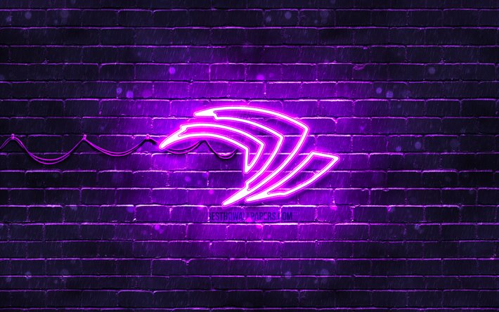 Nvidia violette logo, 4k, violet brickwall, Nvidia, le logo, les marques, Nvidia n&#233;on logo Nvidia