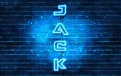 4K, Jack, vertical text, Jack name, wallpapers with names, blue neon lights, picture with Jack name