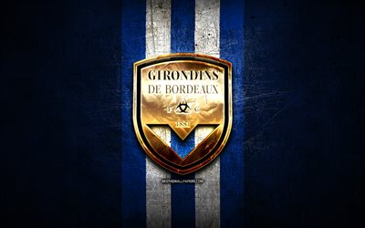 FC Girondins de Bordeaux, altın logo 1 İzle, mavi metal arka plan, futbol, Girondins de Bordeaux, Fransız Futbol Kul&#252;b&#252;, Girondins de Bordeaux logo, Fransa
