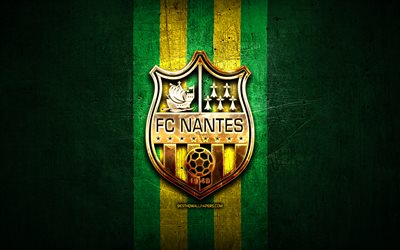 FC Nantes, golden logotyp, Liga 1, gr&#246;n metall bakgrund, fotboll, franska fotbollsklubben, FC Nantes logotyp, Frankrike