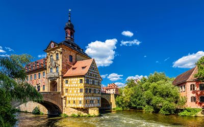Old Town Hall, summer, german cities, bridge, Bamberg, Germany, Europe