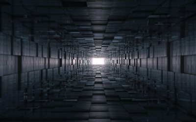 black 3d tunnel, light at the end of the tunnel, 3d cubes tunnel, 3d mine