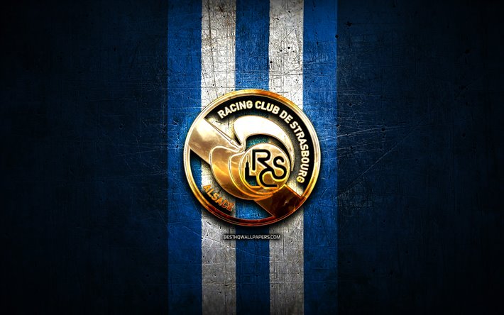 RC Estrasburgo, Als&#225;cia, ouro logotipo, Liga 1, metal azul de fundo, futebol, Estrasburgo, Als&#225;cia FC, clube de futebol franc&#234;s, Als&#225;cia logotipo, Fran&#231;a