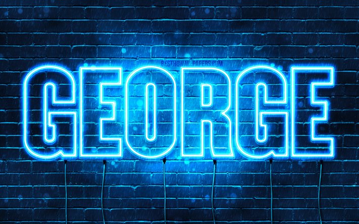 George, 4k, fondos de pantalla con los nombres, el texto horizontal, George nombre, luces azules de ne&#243;n, foto con George nombre