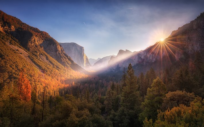 Sierra Nevada, autunno, paesaggio di montagna, giallo, alberi, tramonto, sera, paesaggio, Parco Nazionale di Yosemite, California, USA
