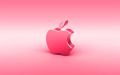 Apple rosa 3D-logotyp, minimal, rosa bakgrund, Apples logotyp, kreativa, Apple metall logo, Apple 3D-logotyp, konstverk, Apple