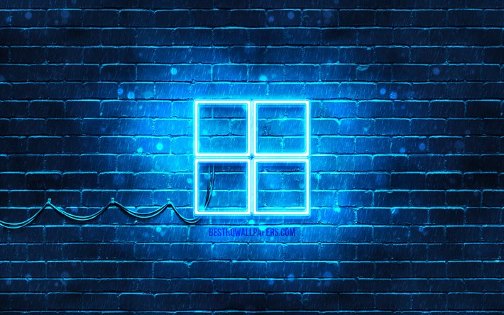 Blu logo di Microsoft, 4k, blu, muro di mattoni, il logo di Microsoft, marche, neon logo, Microsoft