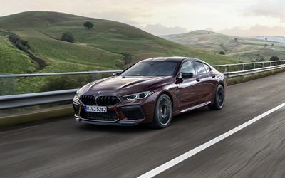 BMW M8 Gran Coupe, 2019, F93, viininpunainen coupe, Nelj&#228;-ovi superauto, uusi viininpunainen M8 Gran Coupe, saksan autoja, BMW