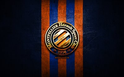 Montpellier-FC, golden logotyp, Liga 1, bl&#229; metall bakgrund, fotboll, Montpellier HSC, franska fotbollsklubben, Montpellier logotyp, Frankrike