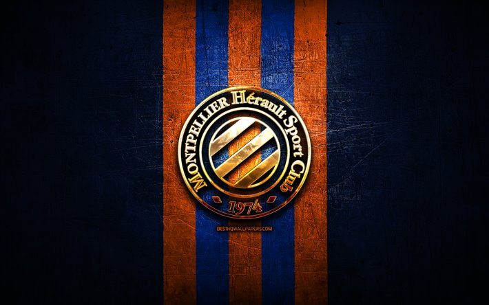 Montpellier FC, ouro logotipo, Liga 1, metal azul de fundo, futebol, Montpellier HSC, clube de futebol franc&#234;s, Montpellier logotipo, Fran&#231;a