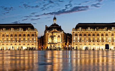 Bordeaux, A Place de la Bourse, noite, p&#244;r do sol, marco, Bordeaux paisagem urbana, bela pra&#231;a, Fran&#231;a