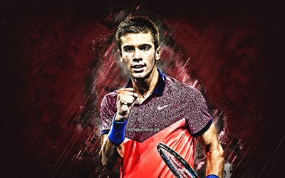 Borna Coric, ATP, Tennis, Kroatialainen tennispelaaja, muotokuva, viininpunainen kivi tausta
