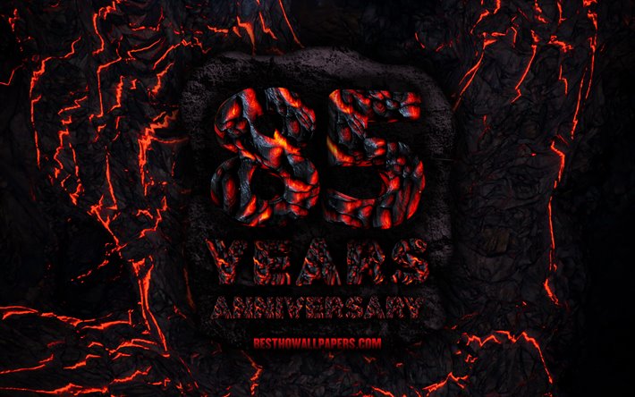 4k, 85 Years Anniversary, fire lava letters, 85th anniversary sign, 85th anniversary, grunge background, anniversary concepts