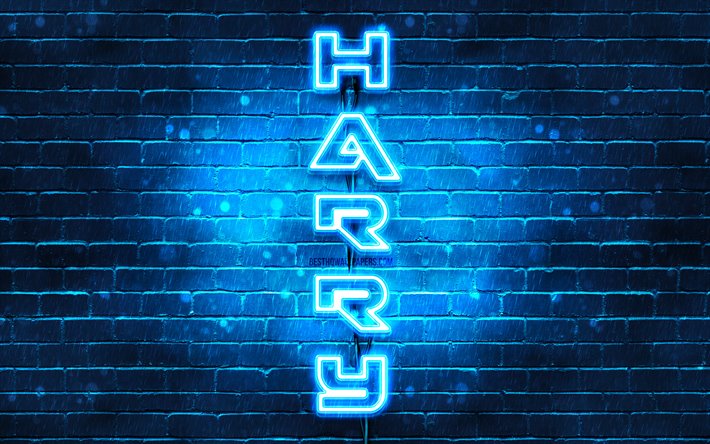 4K, Harry, el texto vertical, Harry nombre, fondos de pantalla con los nombres, luces azules de ne&#243;n, foto con Harry nombre