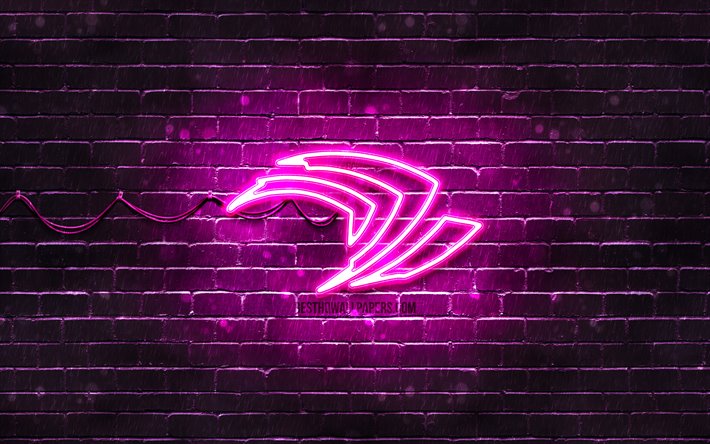 Nvidia紫色のロゴ, 4k, 紫brickwall, Nvidiaのロゴ, ブランド, Nvidiaネオンのロゴ, Nvidia