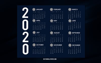 الأزرق الداكن 2020 التقويم, كل الشهور, 2020 التقويم, الأزرق الداكن خلفية أنيقة, 2020 المفاهيم, التقويم العام 2020