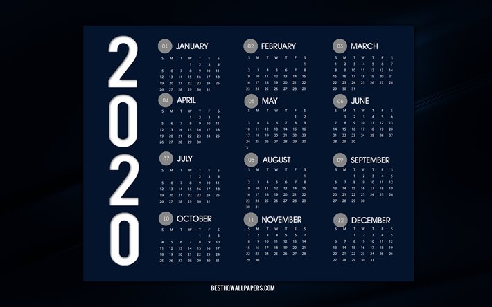 Blu scuro 2020 Calendario, tutti i mesi, 2020 calendario, blu scuro elegante sfondo, 2020 concetti, il Calendario per l&#39;Anno 2020