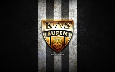 KAS Eupen, golden logo, Jupiler Pro League, black metal background, football, belgian football club, KAS Eupen logo, soccer, KAS Eupen FC