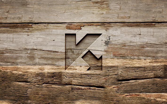 Log&#243;tipo Kaspersky em madeira, 4K, planos de fundo em madeira, software antiv&#237;rus, log&#243;tipo Kaspersky, criativo, escultura em madeira, Kaspersky