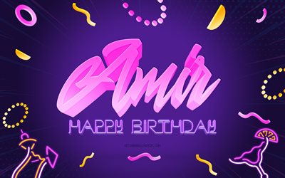 誕生日おめでとう, 4k, 紫のパーティーの背景, アミール, クリエイティブアート, アミールお誕生日おめでとう, アミール名, アミールの誕生日, 誕生日パーティーの背景
