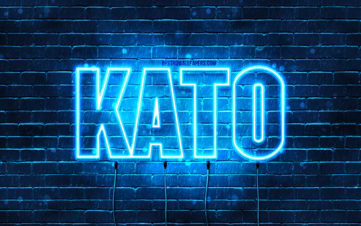 Joyeux anniversaire Kato, 4k, n&#233;ons bleus, nom Kato, cr&#233;atif, joyeux anniversaire Kato, anniversaire Kato, noms masculins japonais populaires, photo avec nom Kato, Kato