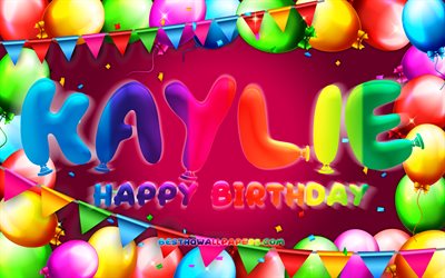 Buon compleanno Kaylie, 4k, cornice di palloncini colorati, nome Kaylie, sfondo viola, buon compleanno Kaylie, compleanno di Kaylie, nomi femminili americani popolari, concetto di compleanno, Kaylie