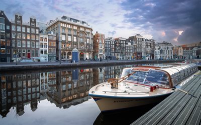 Amsterdam, Rokin Canal, evening, autumn, cloudy weather, Amsterdam cityscape, Netherlands
