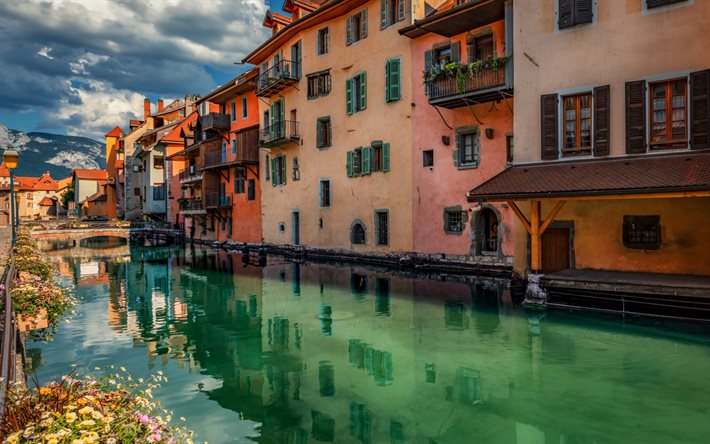 Annecy, canal, evening, Alps, colorful houses, Annecy cityscape, France