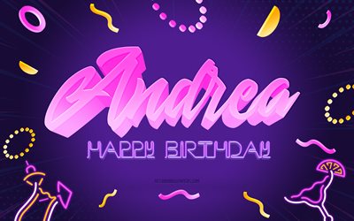 お誕生日おめでとうアンドレア, 4k, 紫のパーティーの背景, アンドレア, クリエイティブアート, アンドレアの誕生日おめでとう, アンドレアの名前, アンドレアの誕生日, 誕生日パーティーの背景