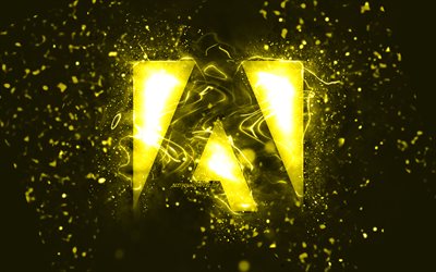 Adobe yellow logo, 4k, yellow neon lights, creative, yellow abstract background, Adobe logo, brands, Adobe