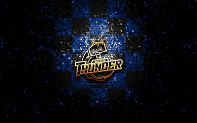 Wichita Thunder, glitter logo, ECHL, blue black checkered background, hockey, american hockey team, Wichita Thunder logo, mosaic art