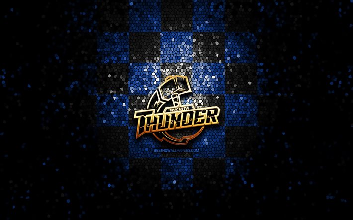 Wichita Thunder, logo paillet&#233;, ECHL, fond quadrill&#233; bleu noir, hockey, &#233;quipe de hockey am&#233;ricaine, logo Wichita Thunder, art de la mosa&#239;que